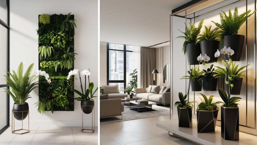 a room with plants and a couch