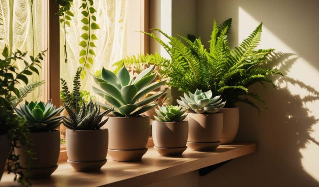 a group of potted plants on a window sill
